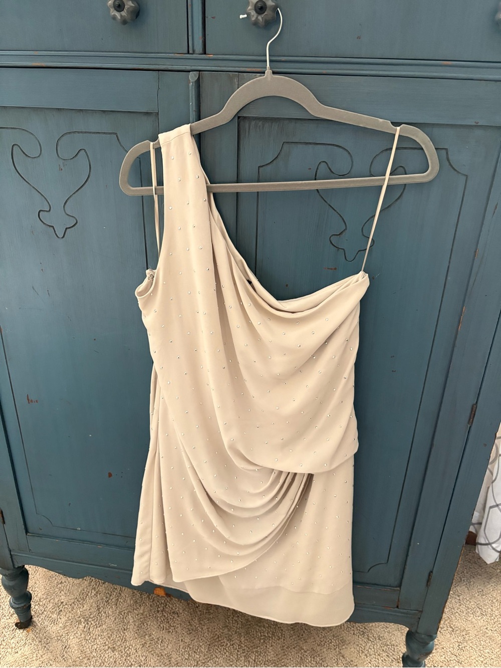 Elegant One-Shoulder Express Cream Draped Evening Dress with rhinestones!! 12